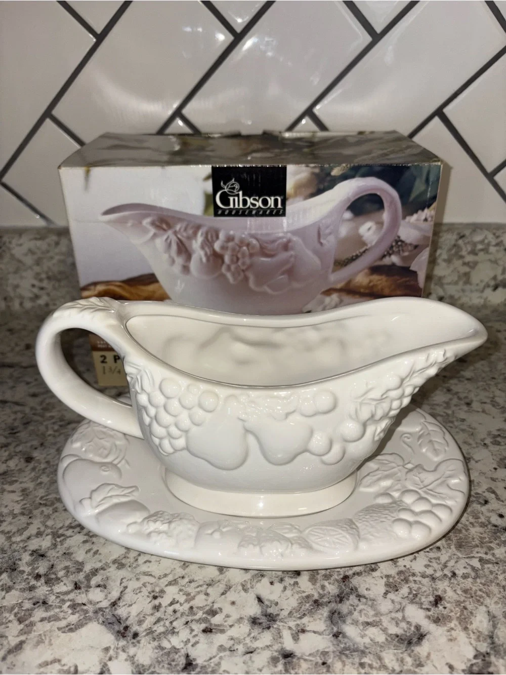 Vintage 1997 Gibson White Fruitful Embossed 1 3/4 Gravy Boat with Saucer Plate